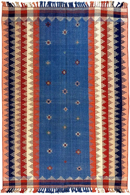 Rectangular rug with a blue central field, red-and-white stripes, and fringes, with a bound edge