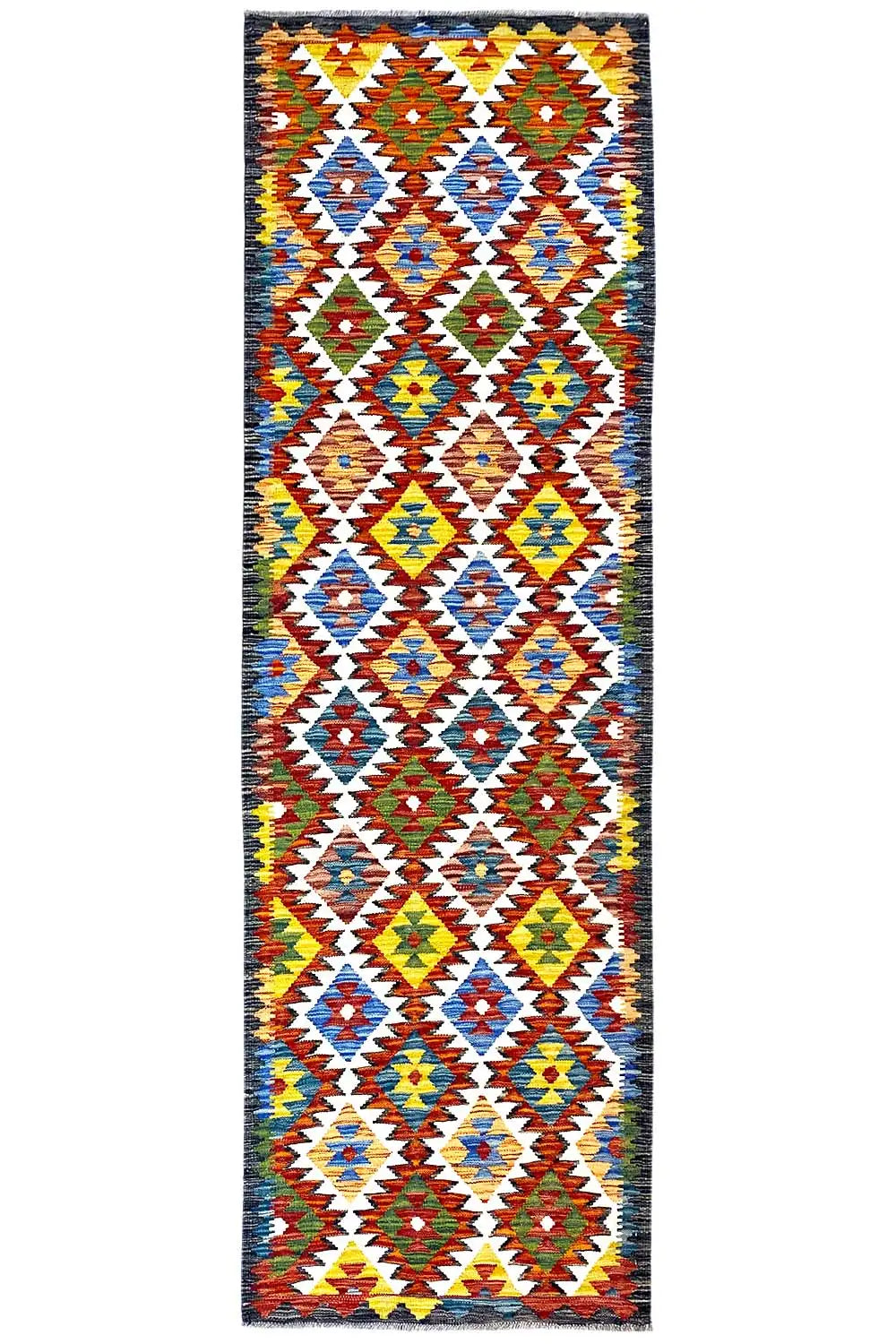 Kelim runner with a multicolored diamond and triangle pattern, rectangular