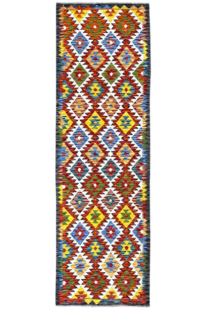 Kelim runner with a multicolored diamond and triangle pattern, rectangular
