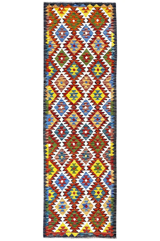 Kelim runner with a multicolored diamond and triangle pattern, rectangular