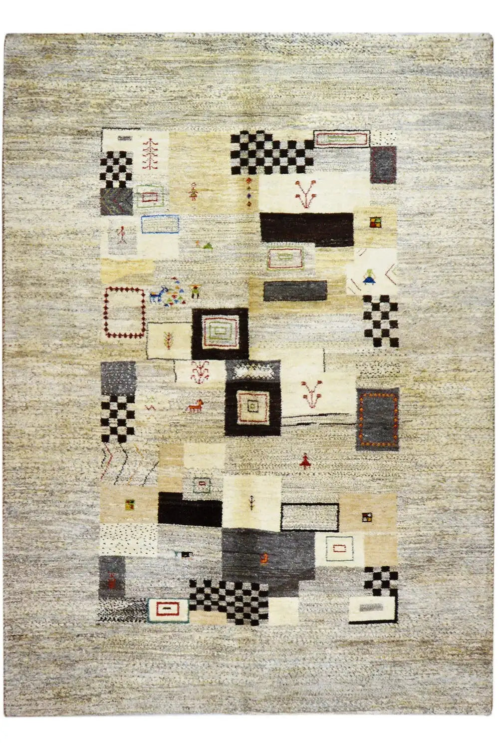 Gabbeh rug 244x173 cm with geometric patterns in beige, gray, and dark brown