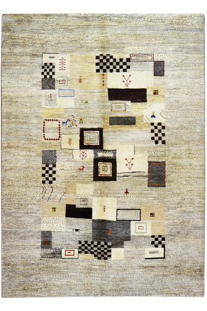Gabbeh rug 244x173 cm with geometric patterns in beige, gray, and dark brown