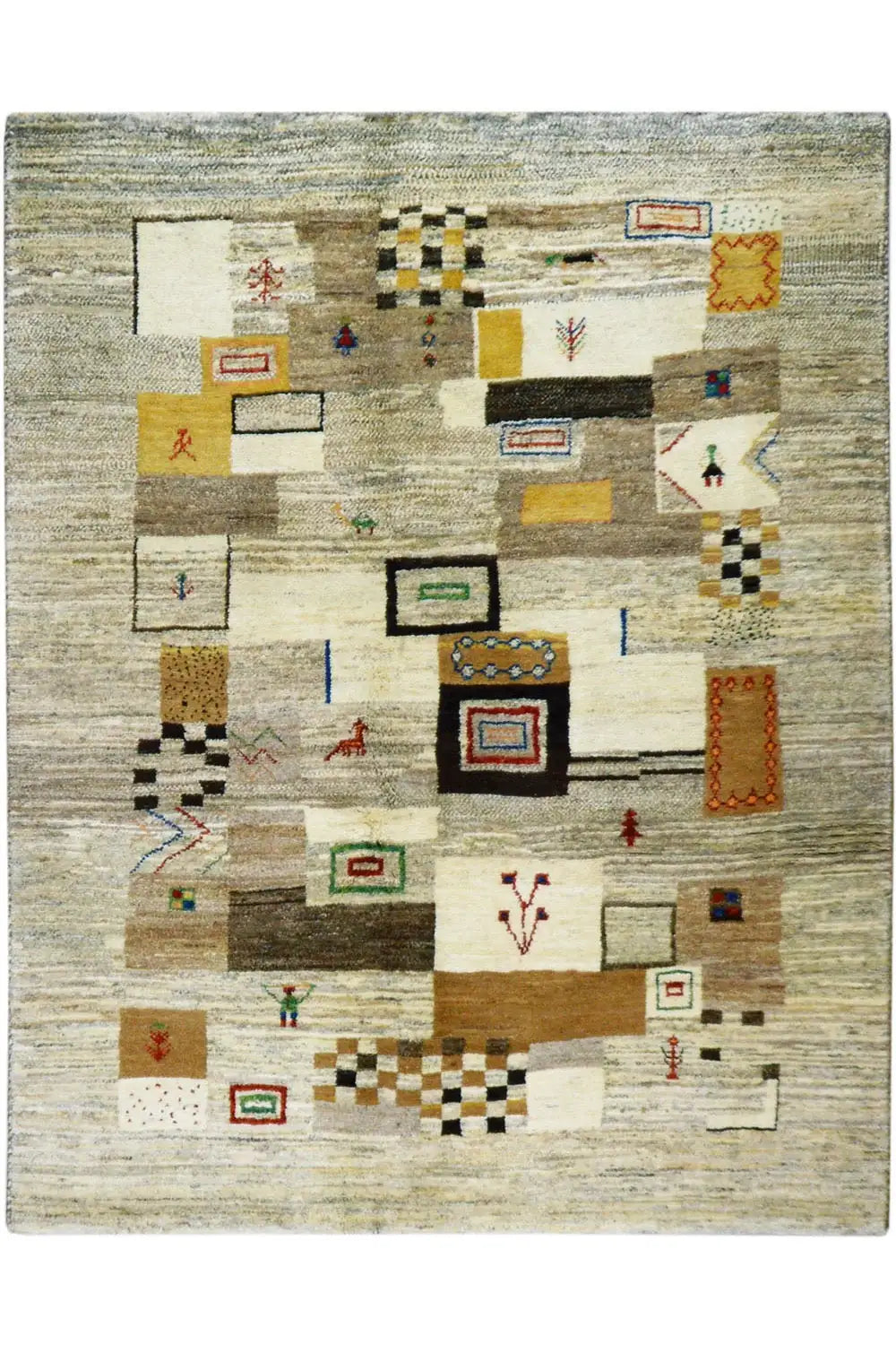 Gabbeh rug 194x149 cm with a beige background and colorful block patterns