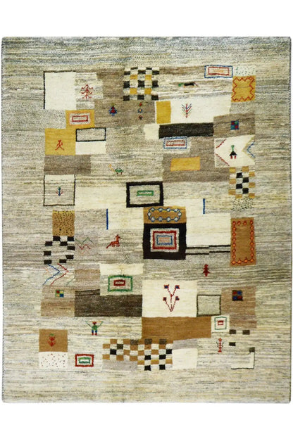 Gabbeh rug 194x149 cm with a beige background and colorful block patterns