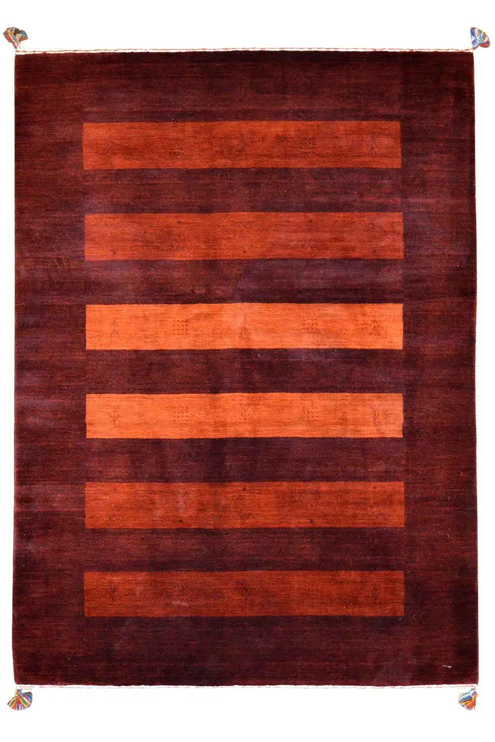 Gabbeh rug, dark red with rectangular orange stripes and corner tassels
