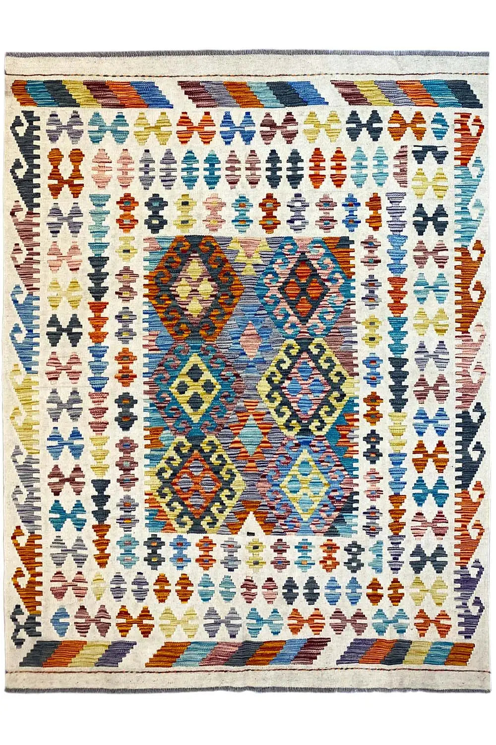 Rectangular Afghan kilim rug with a multicolored geometric center