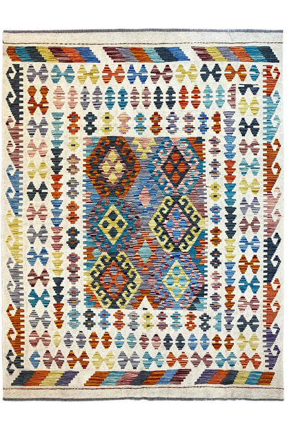 Rectangular Afghan kilim rug with a multicolored geometric center