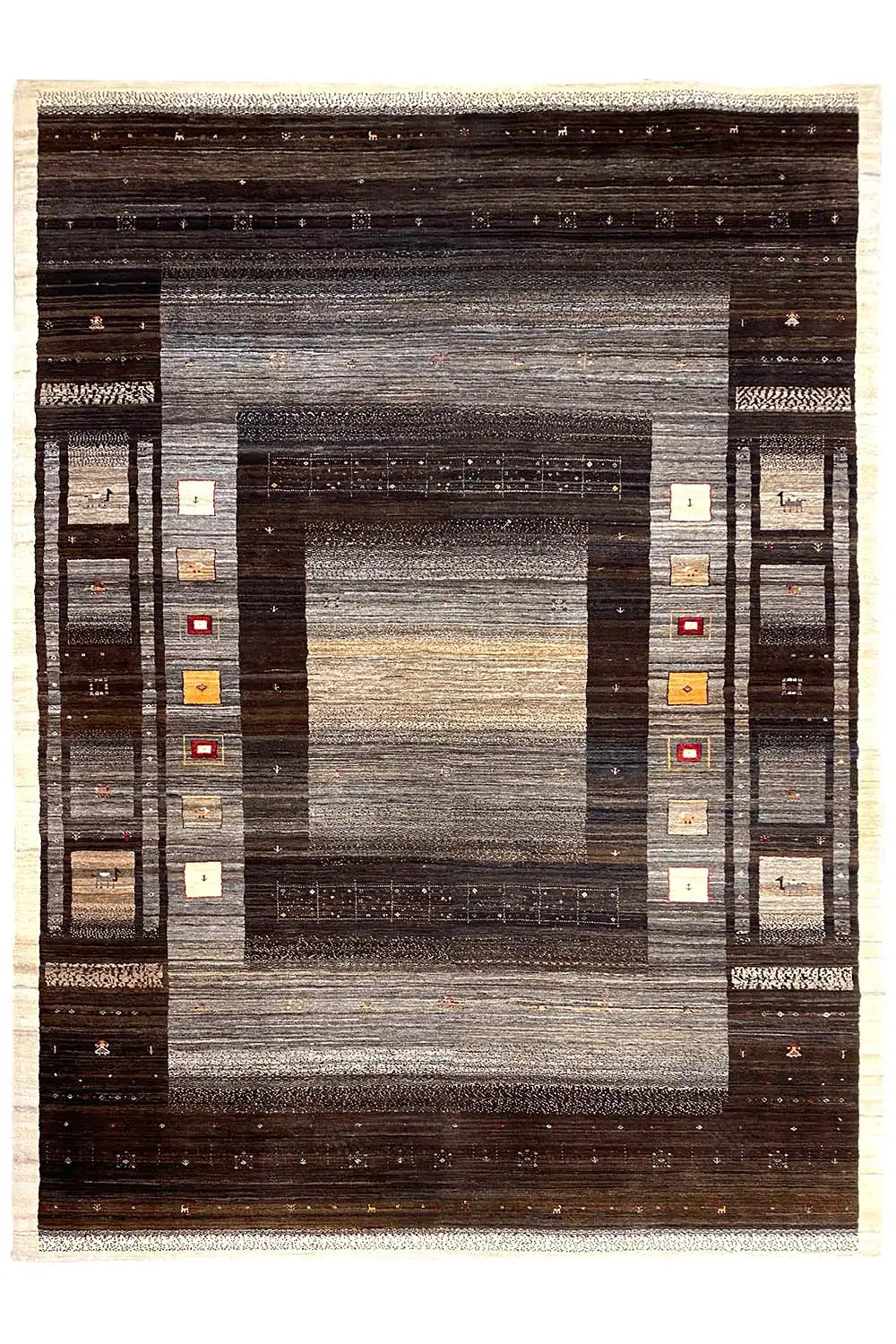 Gabbeh rug in dark brown and gray tones, with a central medallion and borders