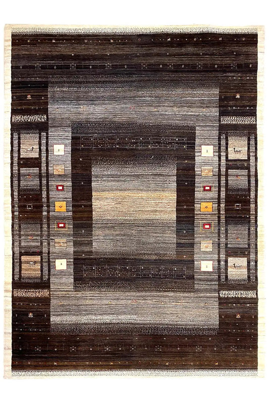 Gabbeh rug in dark brown and gray tones, with a central medallion and borders