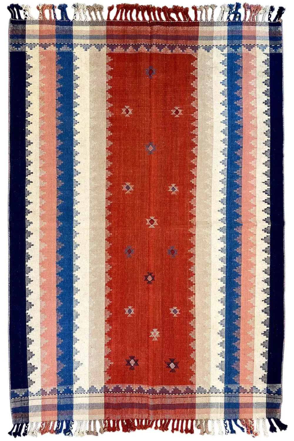 Striped rug with a red central band, blue side stripes, and fringes at the corners