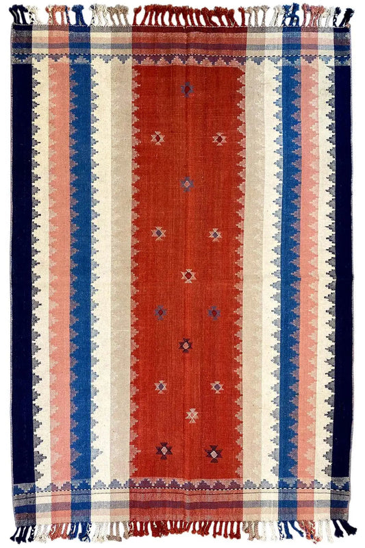 Striped rug with a red central band, blue side stripes, and fringes at the corners