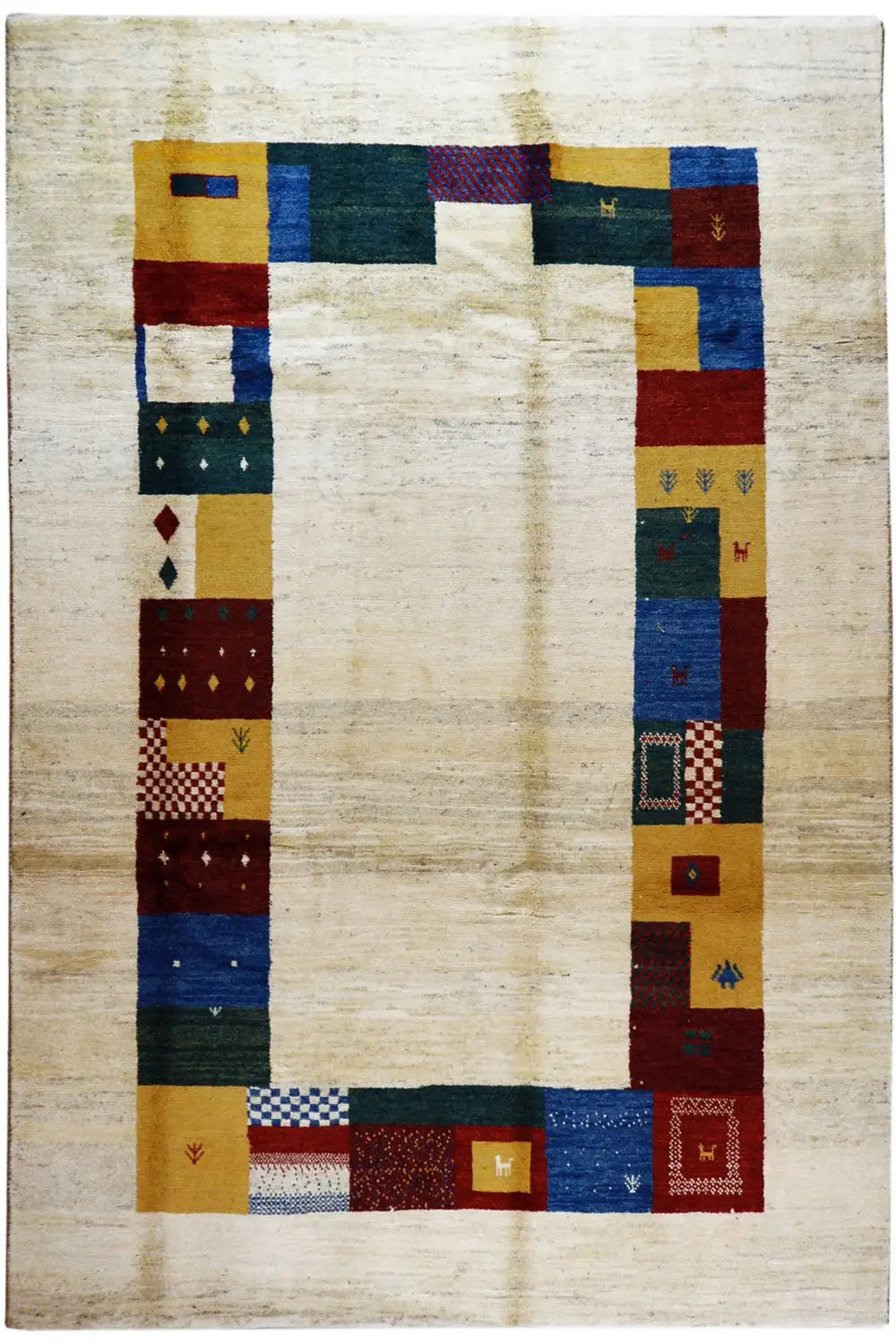 Gabbeh rug 305x200 cm with a cream-colored base and multicolored patchwork border