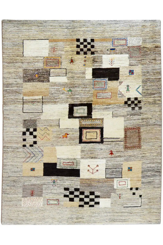 Rug with an abstract patchwork design in beige, gray, black, and red accents