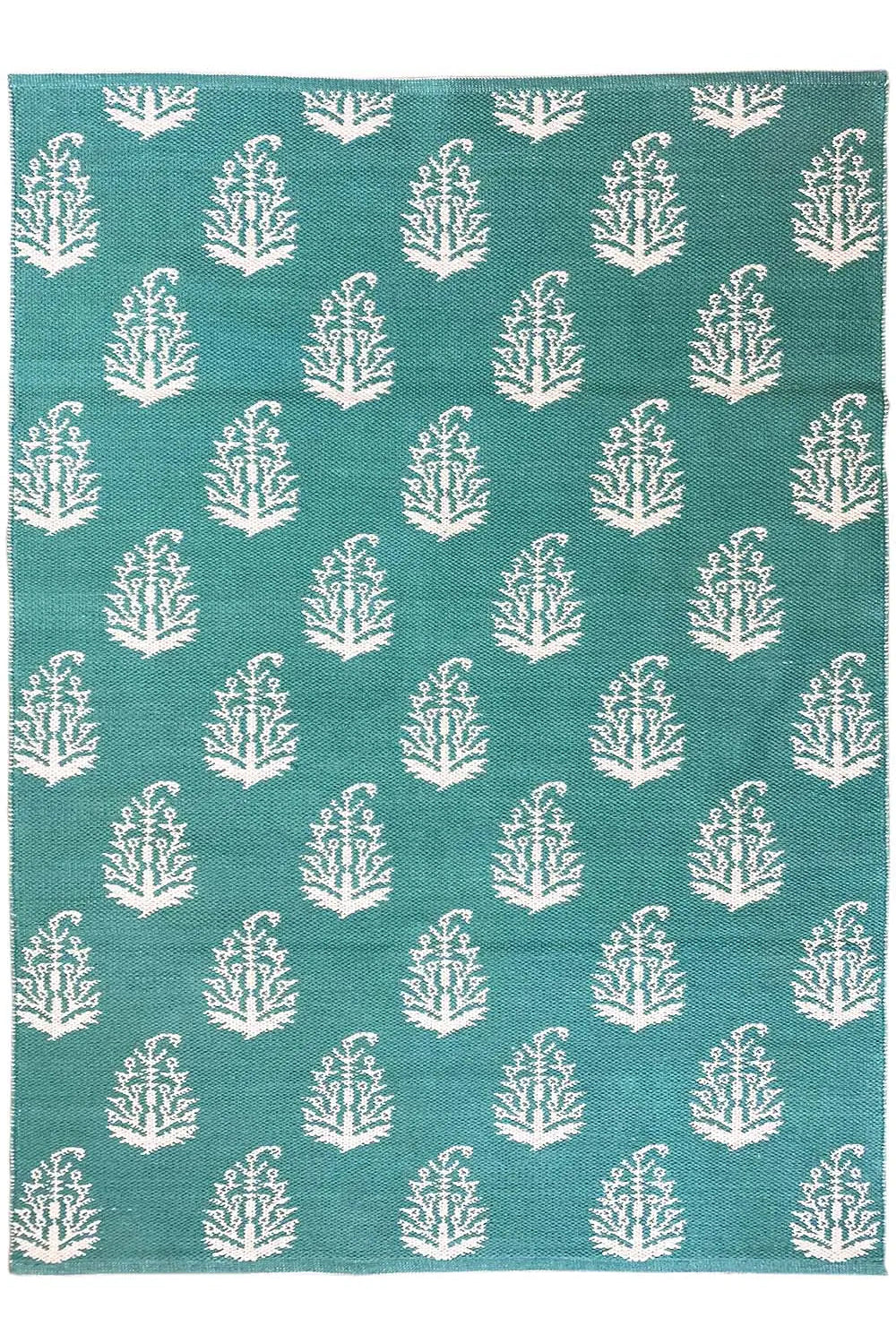Modern flat-woven green kilim rug with a white tree pattern