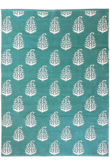 Modern flat-woven green kilim rug with a white tree pattern