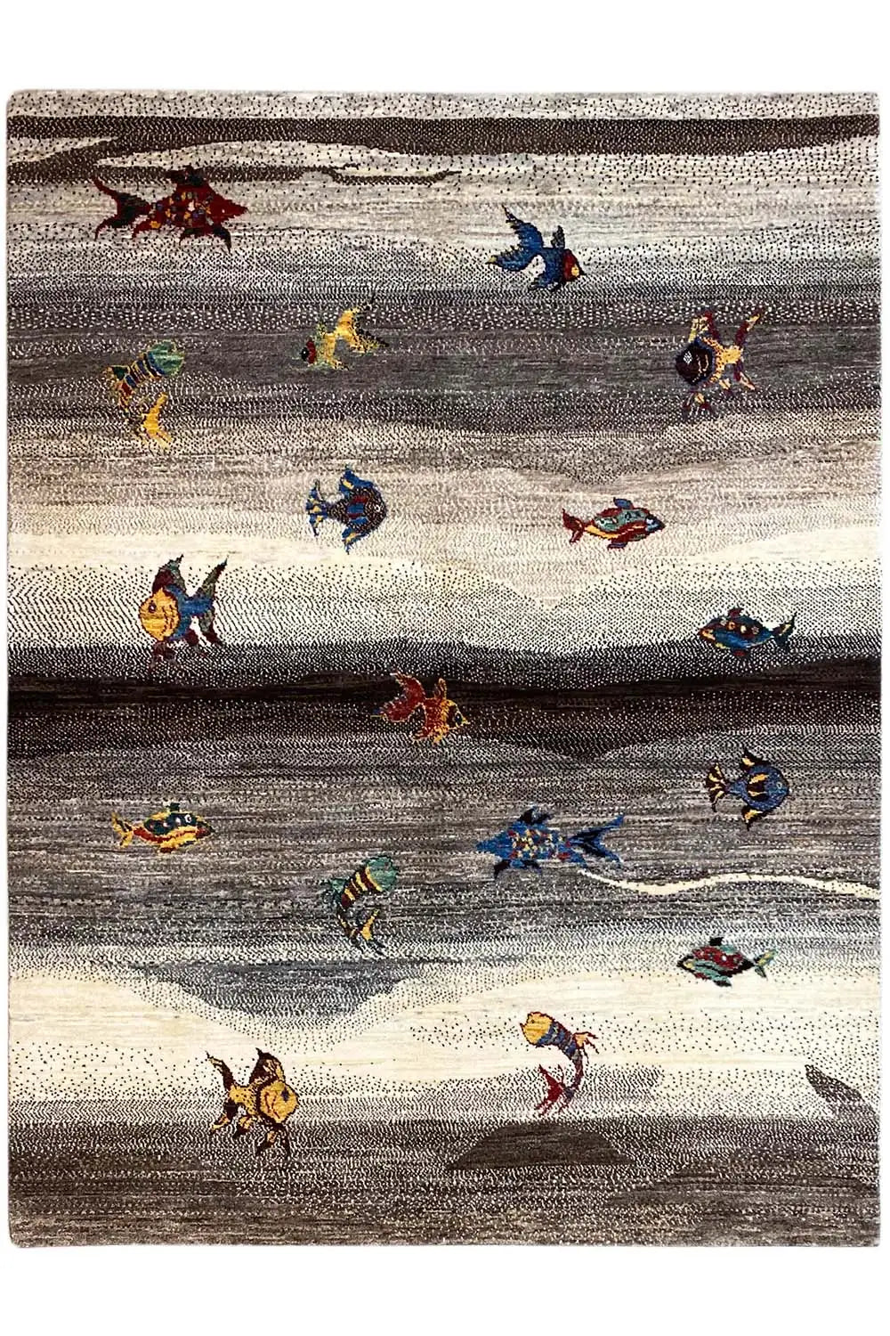 Gabbeh rug 215x154 cm: striped background with colorful bird motifs