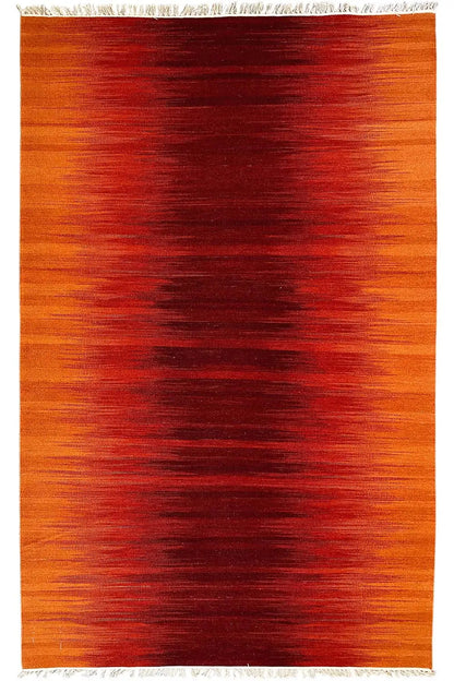 Modern kilim dhurrie rug, orange with dark red areas, woven border