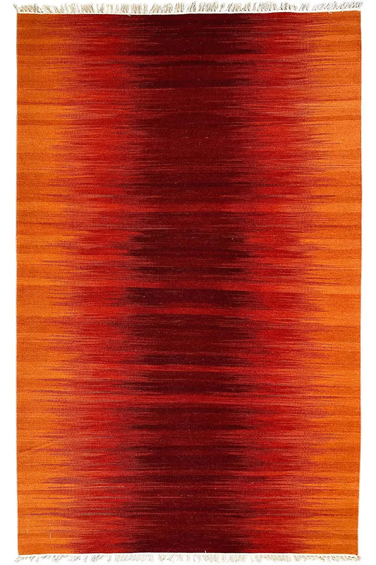Modern kilim dhurrie rug, orange with dark red areas, woven border
