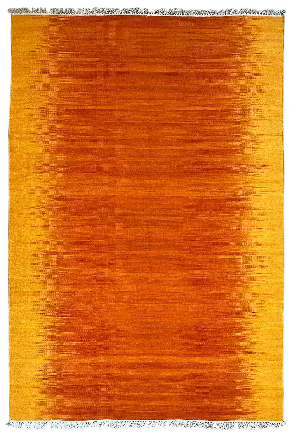 Yellow-orange kilim rug with fringe along the edges, rectangular