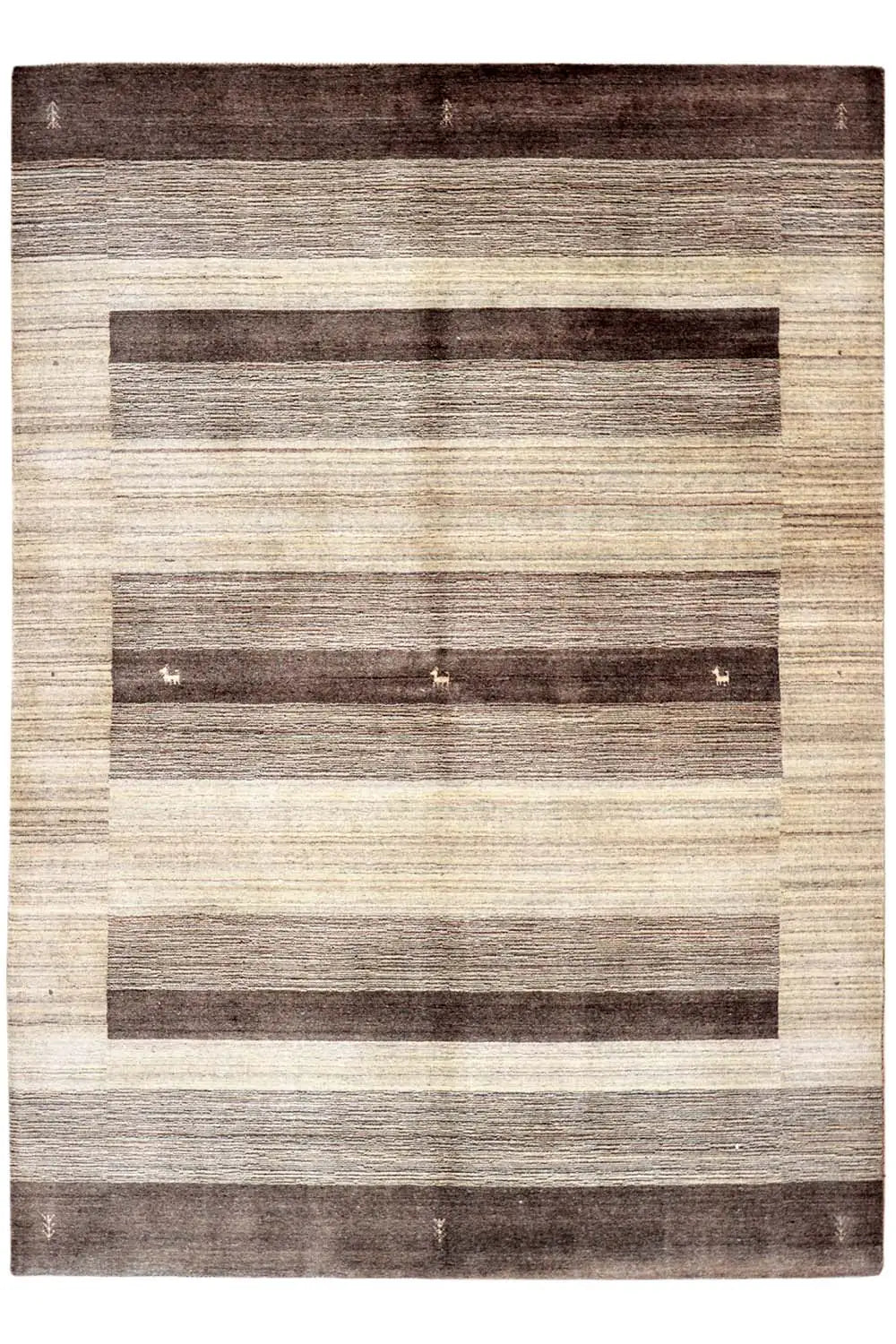 Gabbeh rug top view: square zonal pattern with brown striped borders