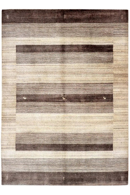 Gabbeh rug top view: square zonal pattern with brown striped borders