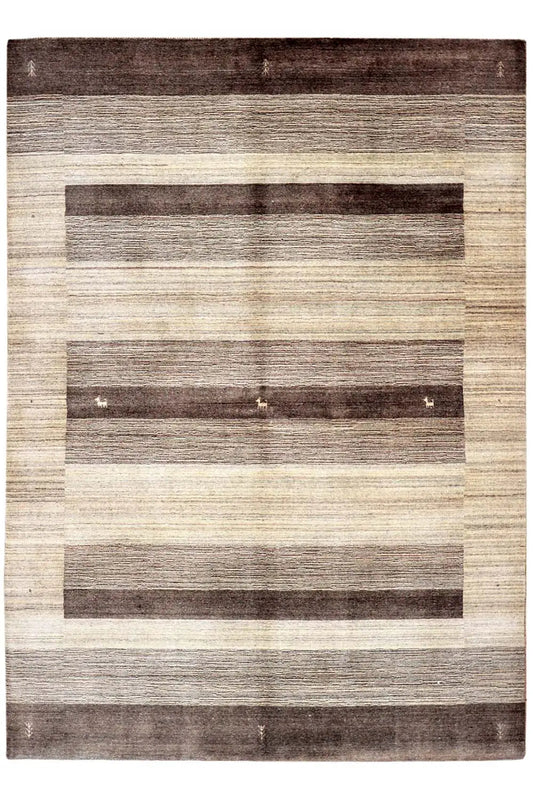 Gabbeh rug top view: square zonal pattern with brown striped borders