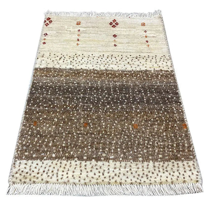 Gabbeh rug 59x41 cm with brown center stripe, beige sections, and fringes