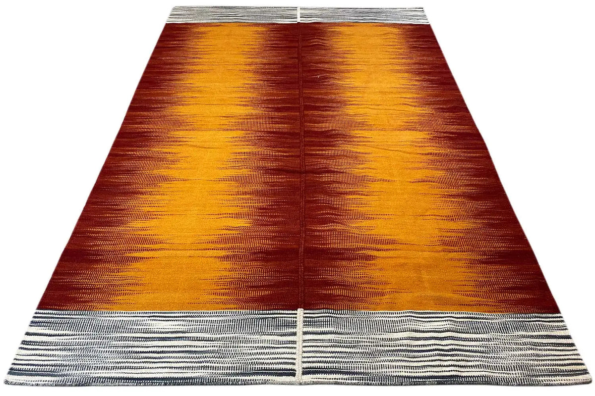 Kilim rug, rectangular with an orange-red pattern and gray striped border
