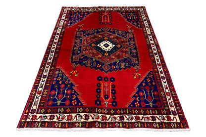Rug overall: red ground, blue medallion, and ornate border band