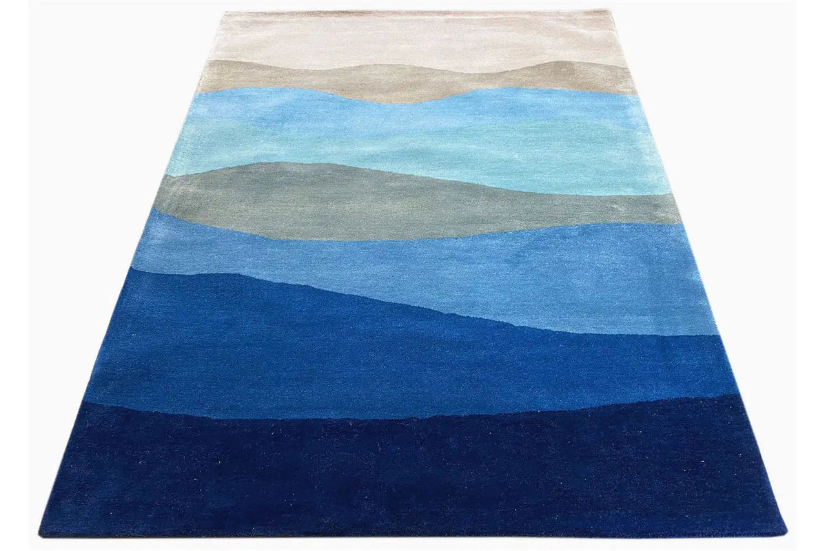 Hand-tufted rug 150x200 cm, striped pattern in blue, gray, and light beige