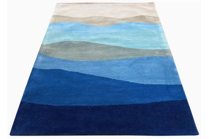 Hand-tufted rug 150x200 cm, striped pattern in blue, gray, and light beige