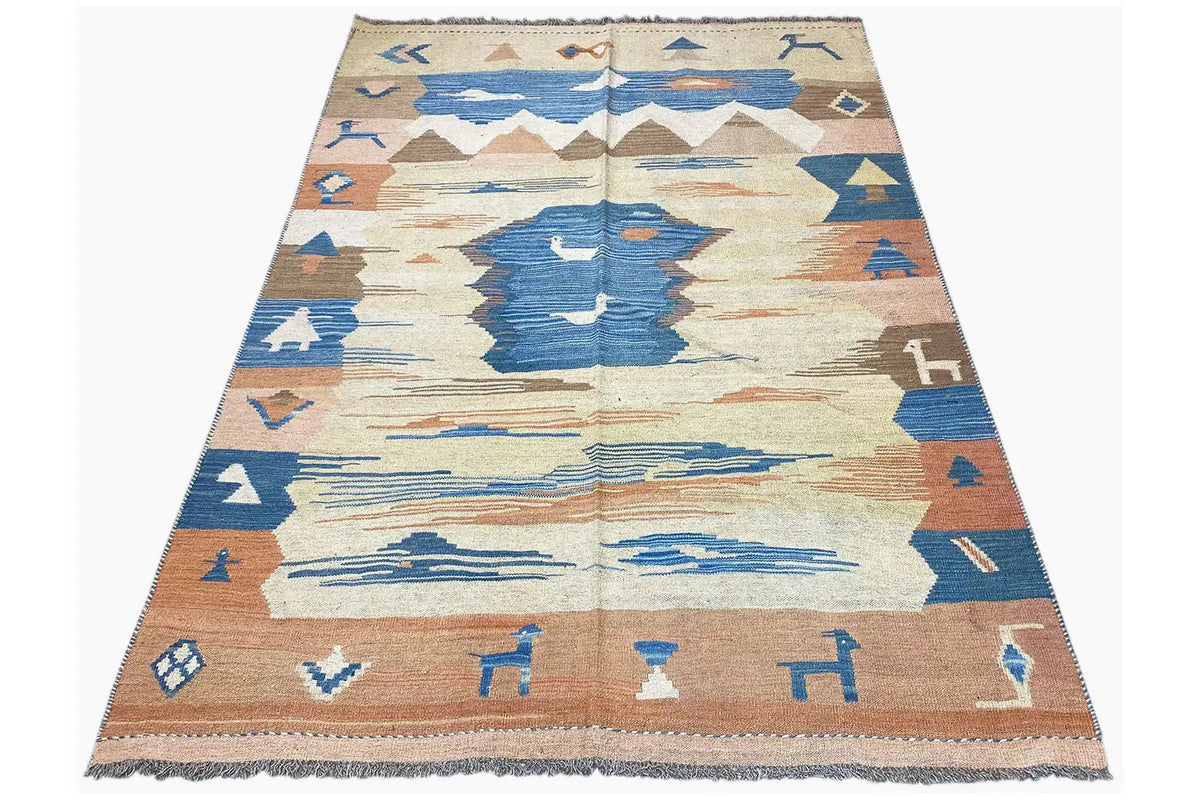 Kilim rug overall view with a landscape motif, blue, brown and beige