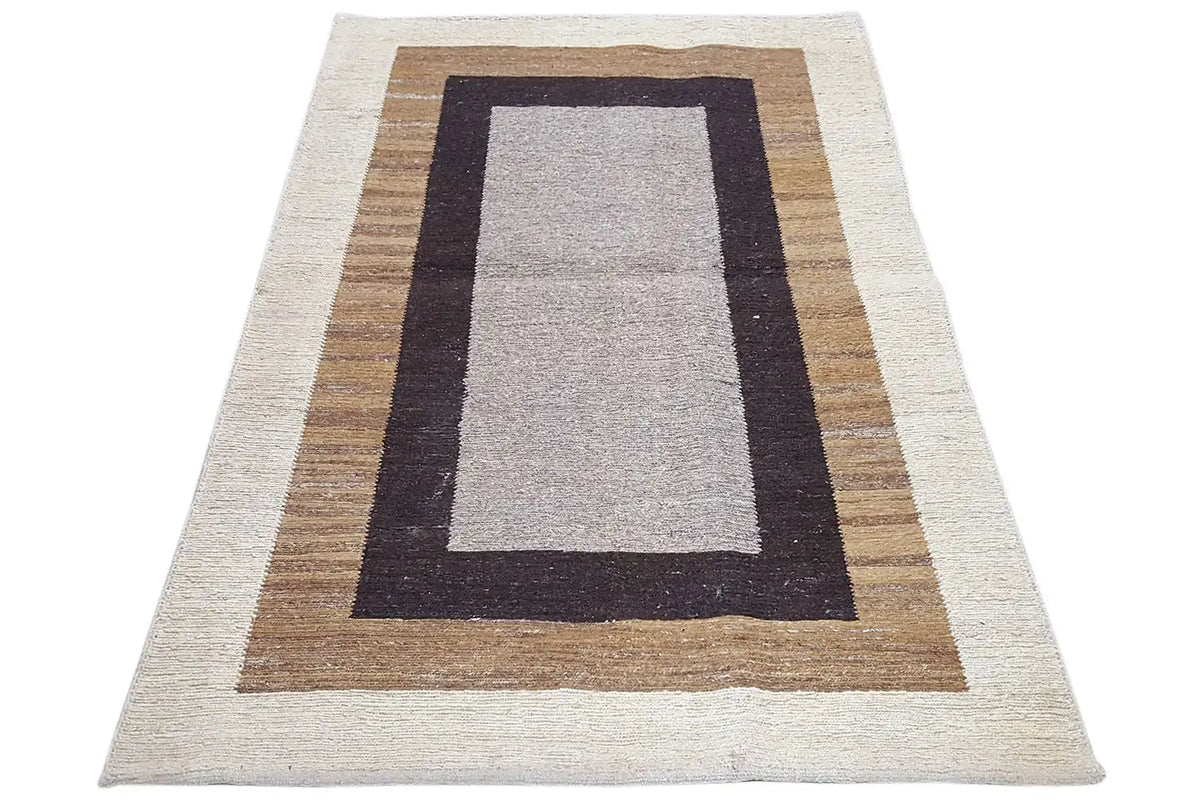 Kilim rug with a central rectangle, cream, gray, and dark brown outlines