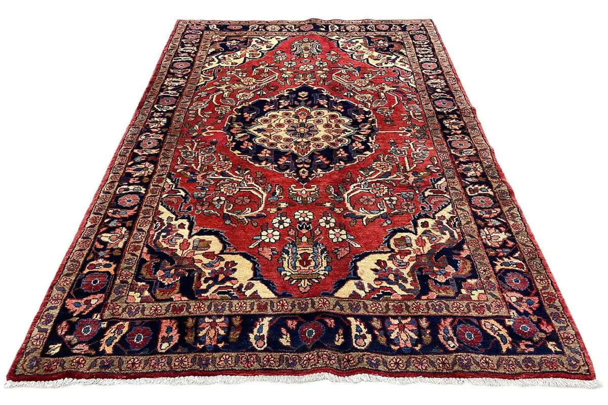 Carpet with a red central field, blue vine and medallion pattern, and bound edges