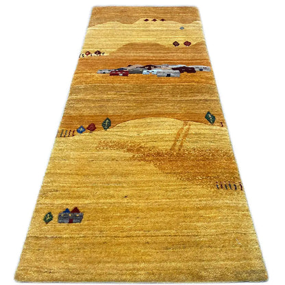 Gabbeh rug (runner) with a geometric landscape design in warm yellow and brown