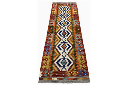 Afghan kilim runner, flat-woven, geometric patterns in brown, blue, and green
