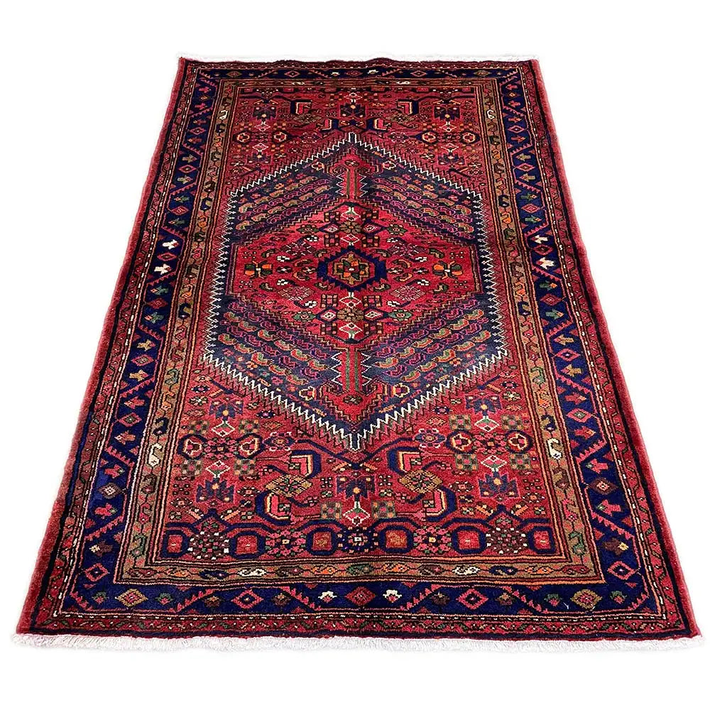 Red Hamadan rug with a dark border and central medallion ornament