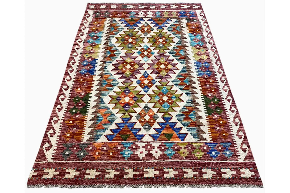 Afghan kilim (148x95 cm) in triangular view, geometric ornaments in the center
