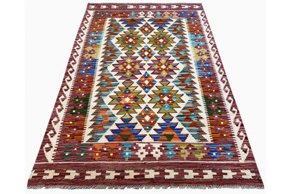 Afghan kilim (148x95 cm) in triangular view, geometric ornaments in the center