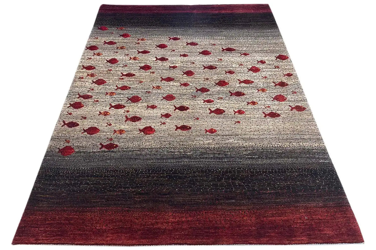 Gabbeh rug, rectangular, beige background with red patterns and a dark striped border