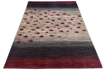 Gabbeh rug, rectangular, beige background with red patterns and a dark striped border