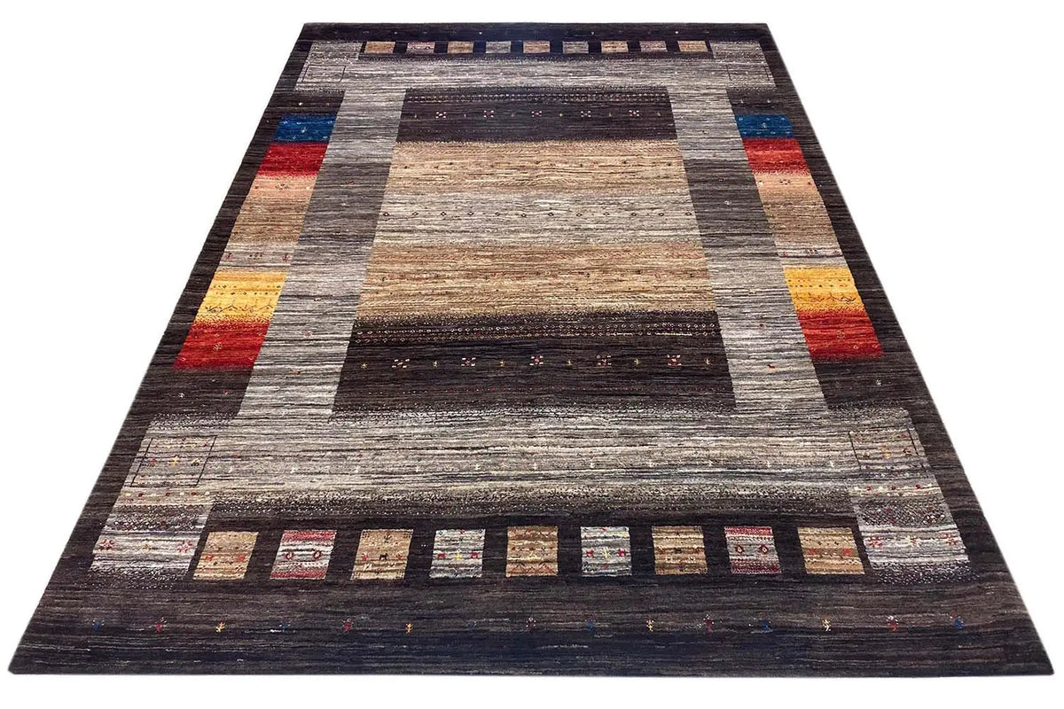 Gabbeh Lori rug with trapezoid and stripe pattern in anthracite, gray, and beige