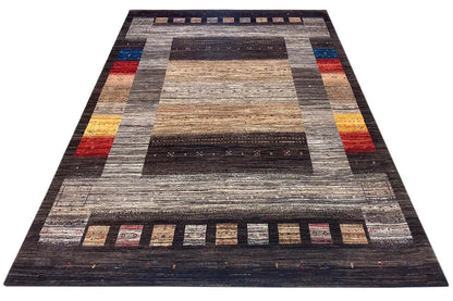 Gabbeh Lori rug with trapezoid and stripe pattern in anthracite, gray, and beige