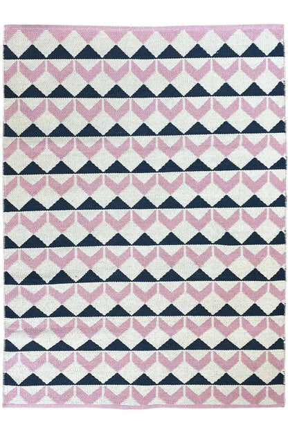 Square kilim rug, multicolored zigzag and triangular stripes in pink/white/blue