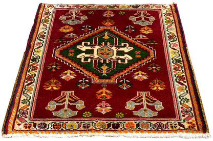 Qashqai Poshti rug 62x57 cm, red square with central medallion and fringes
