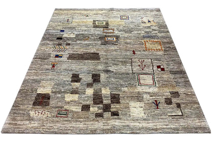 Light gray Gabbeh rug with brown and red geometric block patterns