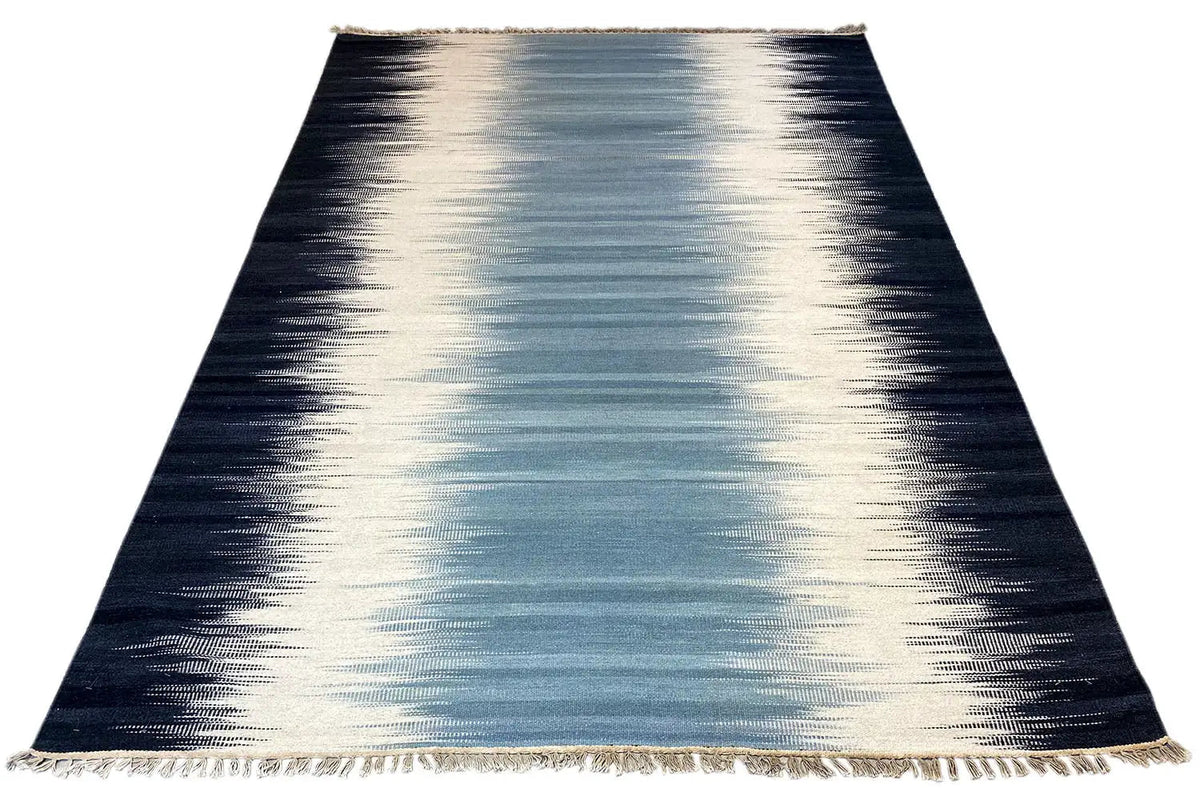 Kilim rug 160x230 cm, blue-and-white stripes, frayed edge