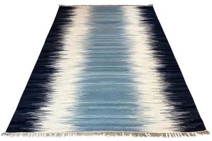 Kilim rug 160x230 cm, blue-and-white stripes, frayed edge