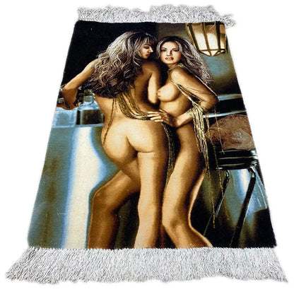 Wall tapestry with fringes, black-and-white photo motif of two women in the foreground