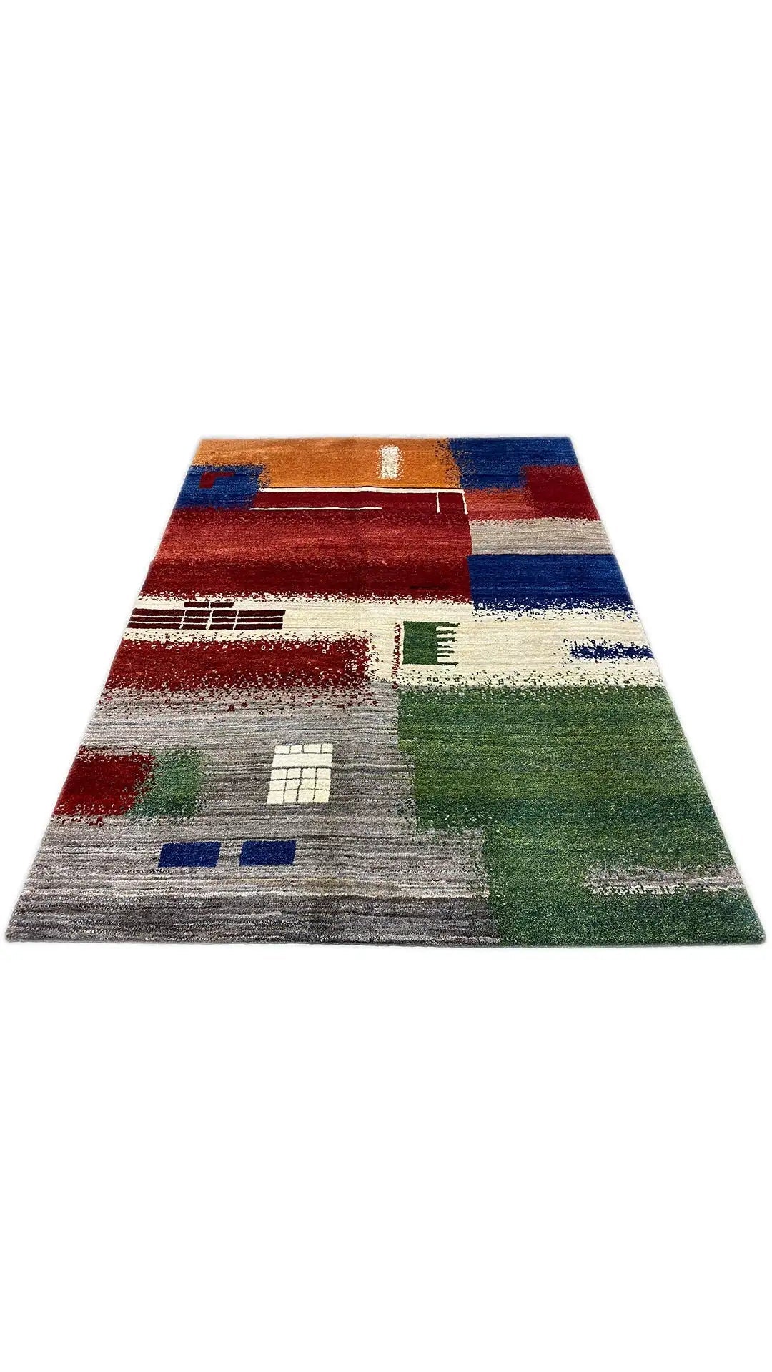 Gabbeh rug (198x150 cm) laid flat, geometric blocks in green and red